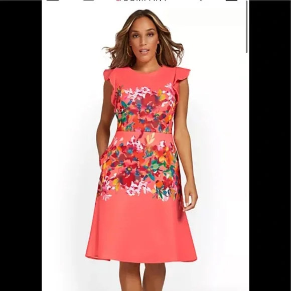 New York & company Floral print fit and flare dress midi a-line pink coral peach New York & company Floral print fit and flare dress midi a-line pink coral peach